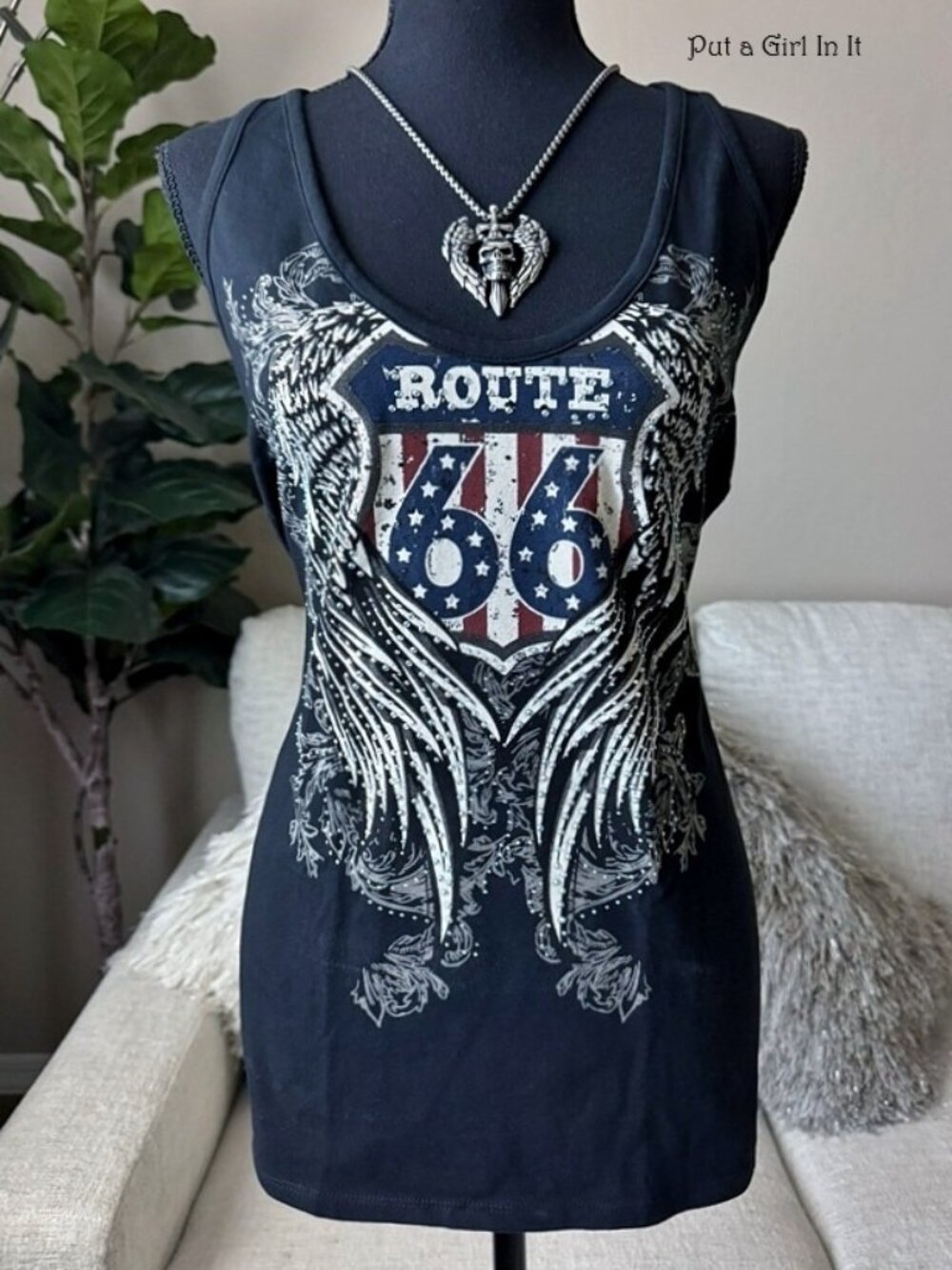 Women's Crystal Black Route 66 American Flag Wings Biker Tank Top L XL1X 2X 3X